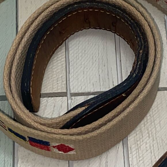Zeppelin Canvas Leather Belt Nautical Flag Embroidered Brass Buckle Sz 44 USA - Picture 4 of 7